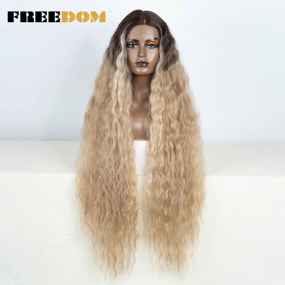FREEDOM Synthetic Lace Frontal Wig For Women 42 Inch Long Curly Lace Wigs Ombre Brown Highlight Ginger White Pink Cosplay Wig