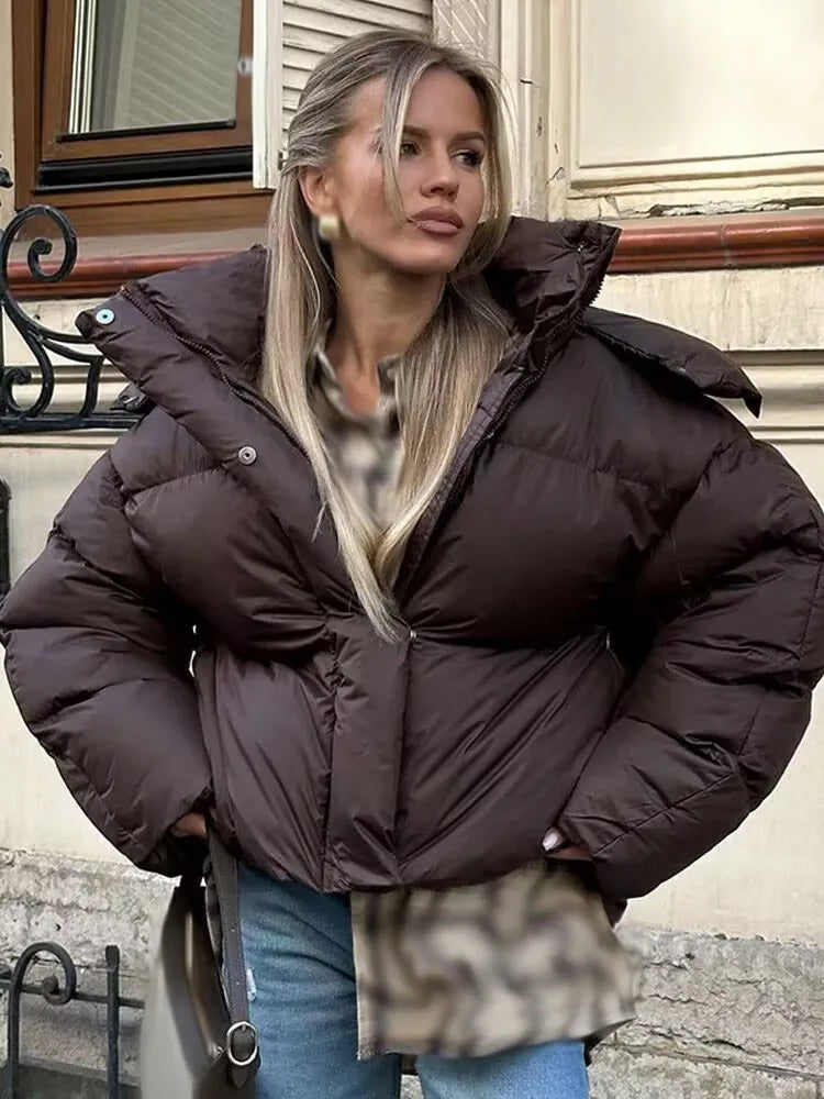 HH Female Winter Casual High Collar Warm Jackets Solid Hooded Long Sleeve Buttons Zipper Woman's New Fashion Loose Coats 2 Color