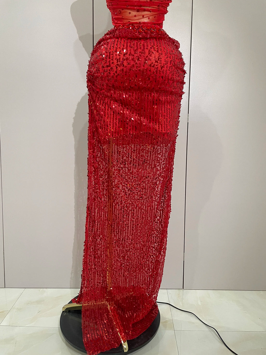 Sparkly Red Rhinestones Sequins Sexy See Through 2PCS Long Dress 2025Women Celebrate Evening Birthday Party Dress Stage Costumes