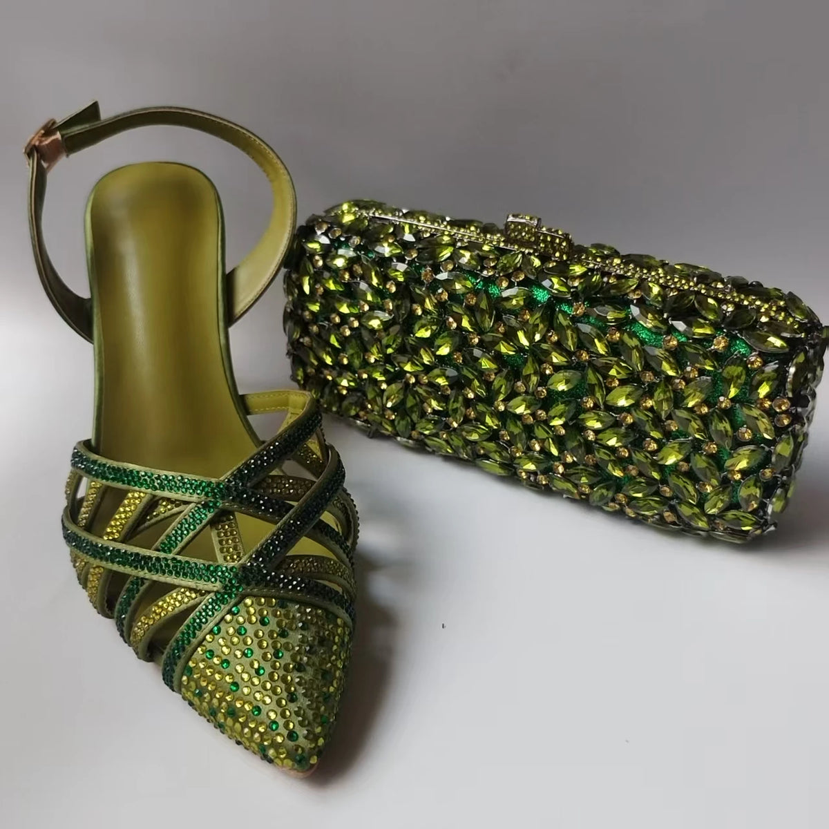 Luxury Olive Green Rhinestones Women's Shoe and Bag Set for Party Wedding Crystals Heeled Pumps and Handbag Sandals