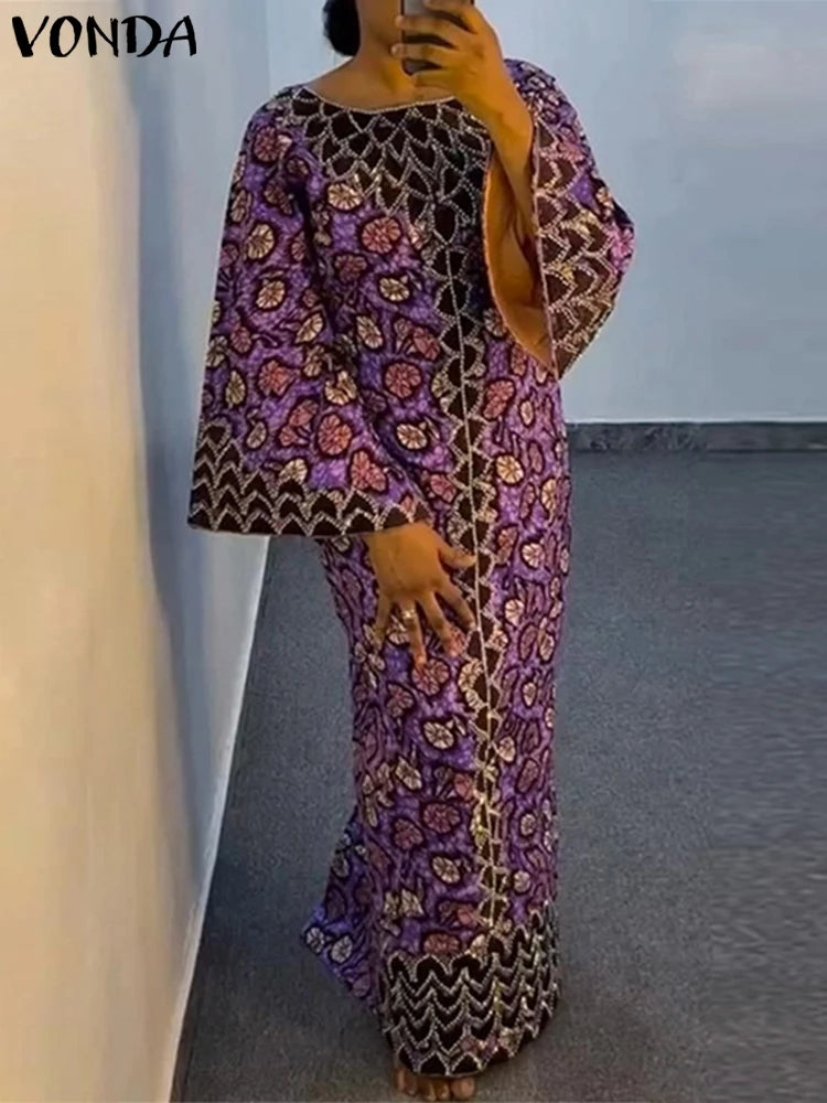 VONDA Bohemian Party Dress Elegant Women Printing Sundress Vintage Flare Long Sleeve Maxi Vestidos Oversized O-Neck Robe Femme