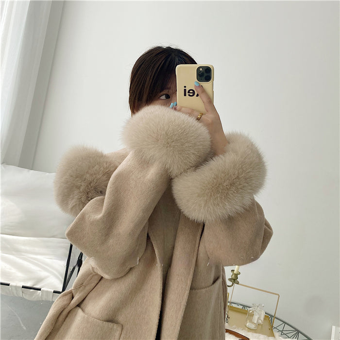 2024 New Oversize Ladies Outerwear Real Fur Coat Winter Jacket Women Natural Fox Fur Collar Cuffs Hood Cashmere Wool Woolen