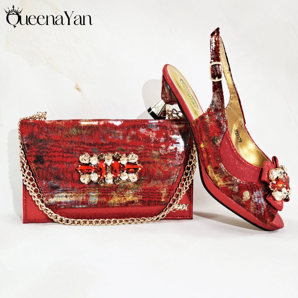 New Women High-Heel Shoes Elegant Wine Rhinestone Metallic Diamond Accents Paired with Match Handbag Exquisite Special-Material