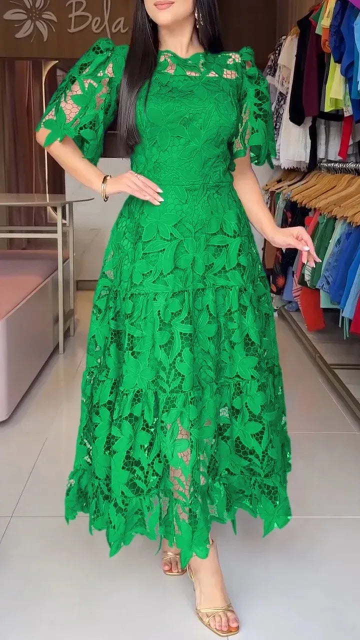 Elegant Lace Dress Irregualr Length Wedding Guest Bridal Shower for Bride Midi O Neck Hollow Out Women Classy Business Party New