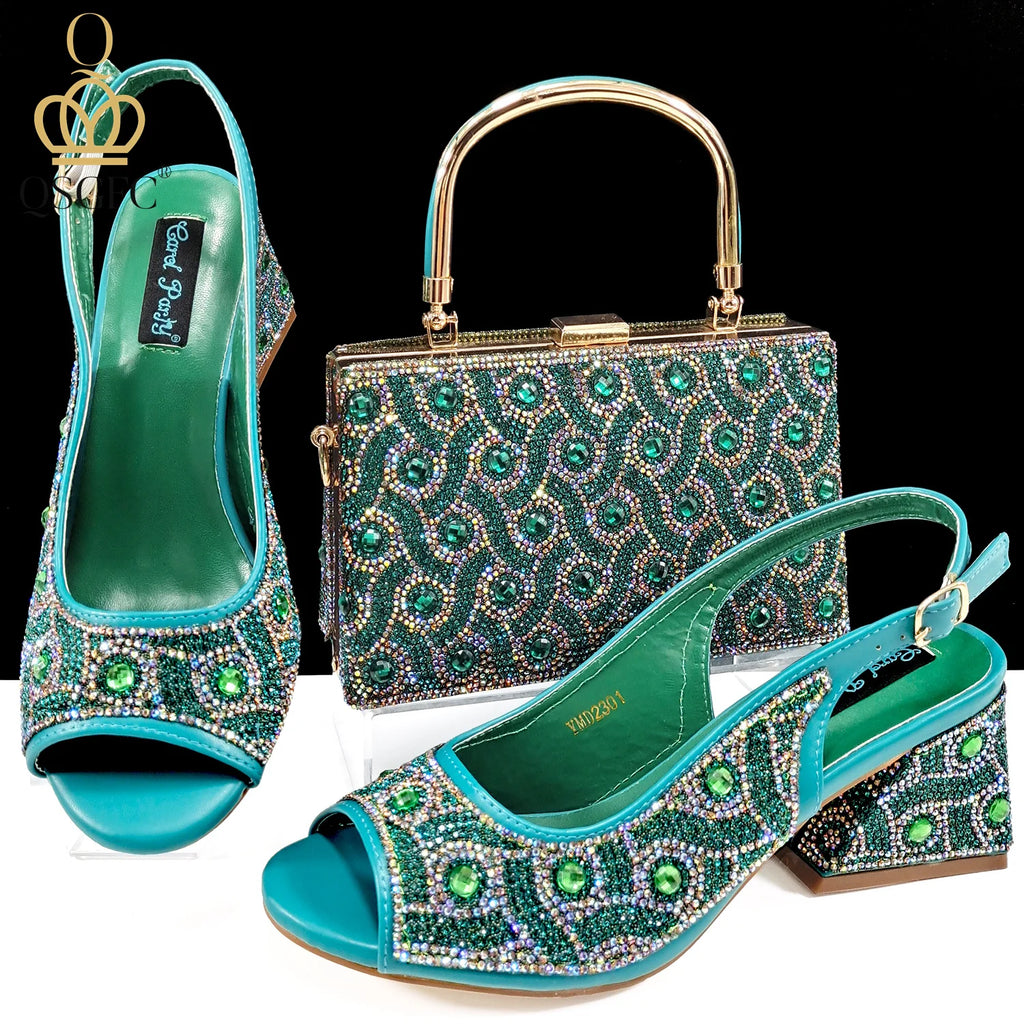 QSGFC 2024 Rhinestone Design INS Hot Sale New Arrivals African Shoes and Bag Set in Green Color Open Toe Comfortable Women Heels