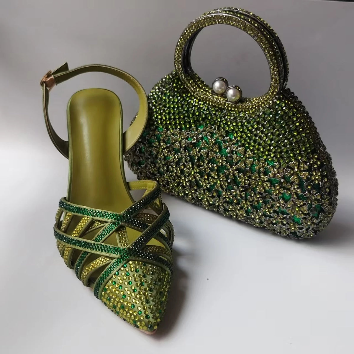 Luxury Olive Green Rhinestones Women's Shoe and Bag Set for Party Wedding Crystals Heeled Pumps and Handbag Sandals