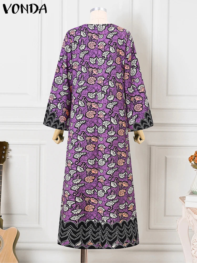 VONDA Bohemian Party Dress Elegant Women Printing Sundress Vintage Flare Long Sleeve Maxi Vestidos Oversized O-Neck Robe Femme