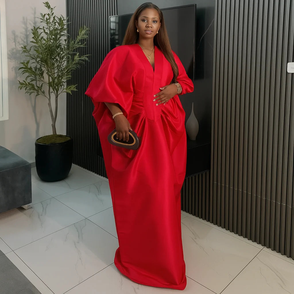 Elegant Women Long Loose Dresses Pleated Evening V Neck Lantern Sleeve African Female Classy Fashion Glitter Party Bubu Dress