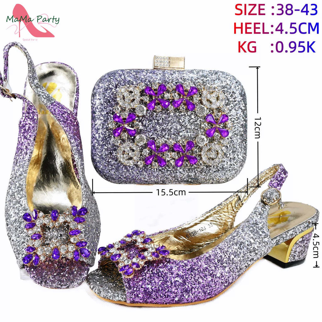 Purple Color New Design Italian Shoes and Bag Set for Wedding Low Heels Shinning Crystal Peep Toe Platform