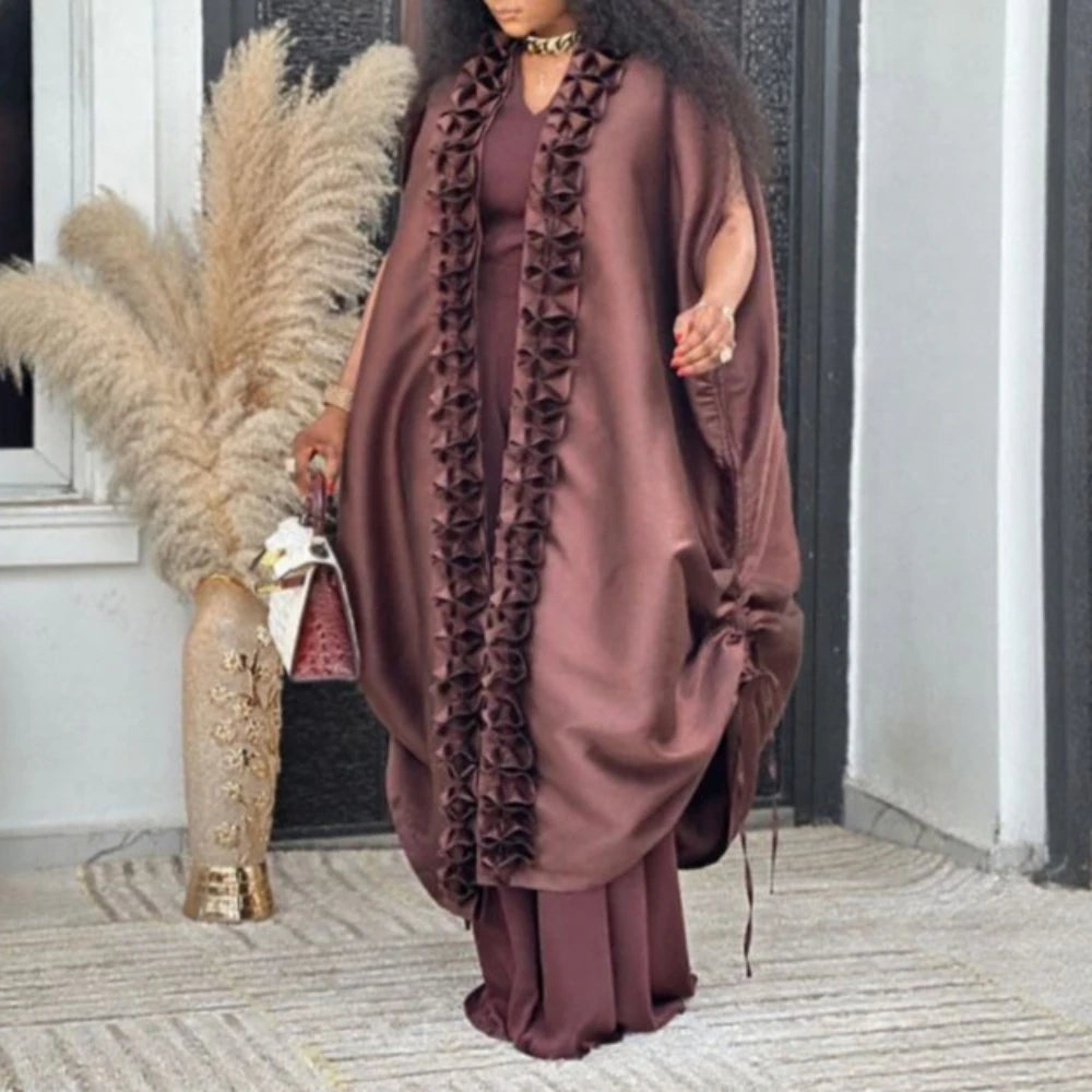 African Elegant Brown Two Piece Set Loose Kaftan Cape Ruffles Robe with O Neck Sleeveless Jumpsuit Events Parties Occasion New