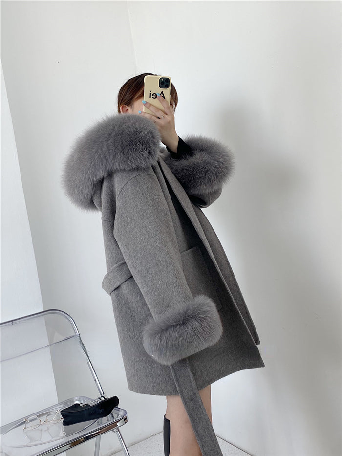 2024 New Oversize Ladies Outerwear Real Fur Coat Winter Jacket Women Natural Fox Fur Collar Cuffs Hood Cashmere Wool Woolen