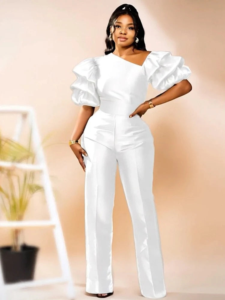Satin Jumpsuit Woman High Quality Slash Neck Puff Sleeves Party Jumpsuits Woman Elegant Luxury Curvy Evening Jumpsuit Dress