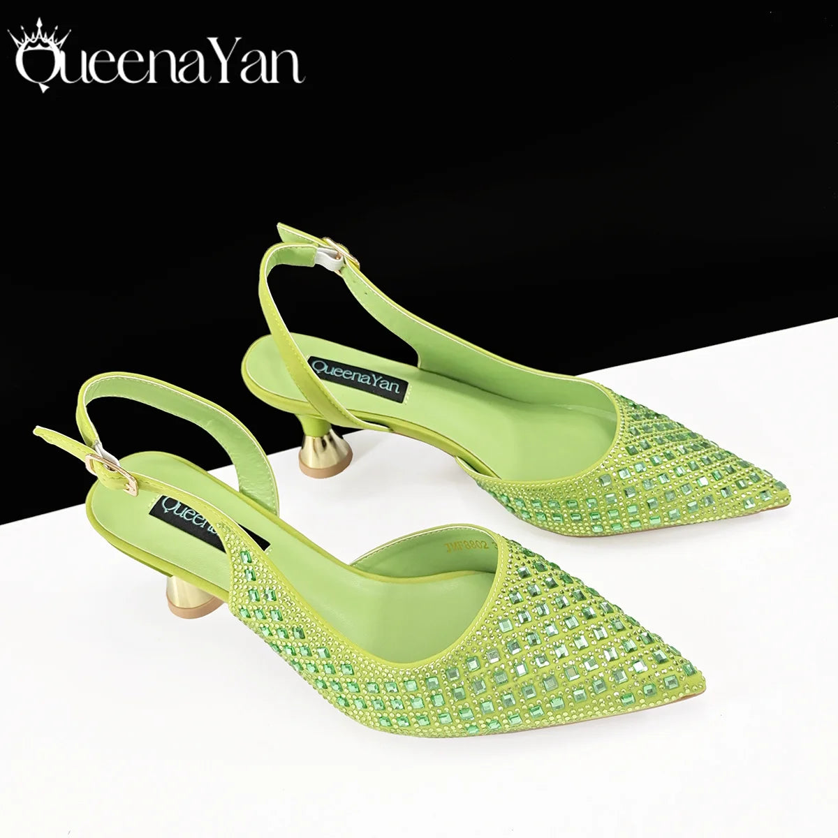 Queena Yan 2025 Italian Design Rhinestone Luxury Navy Blue Pointed Toe Shoe & Bag Set Women High Heels for Parties High Quality