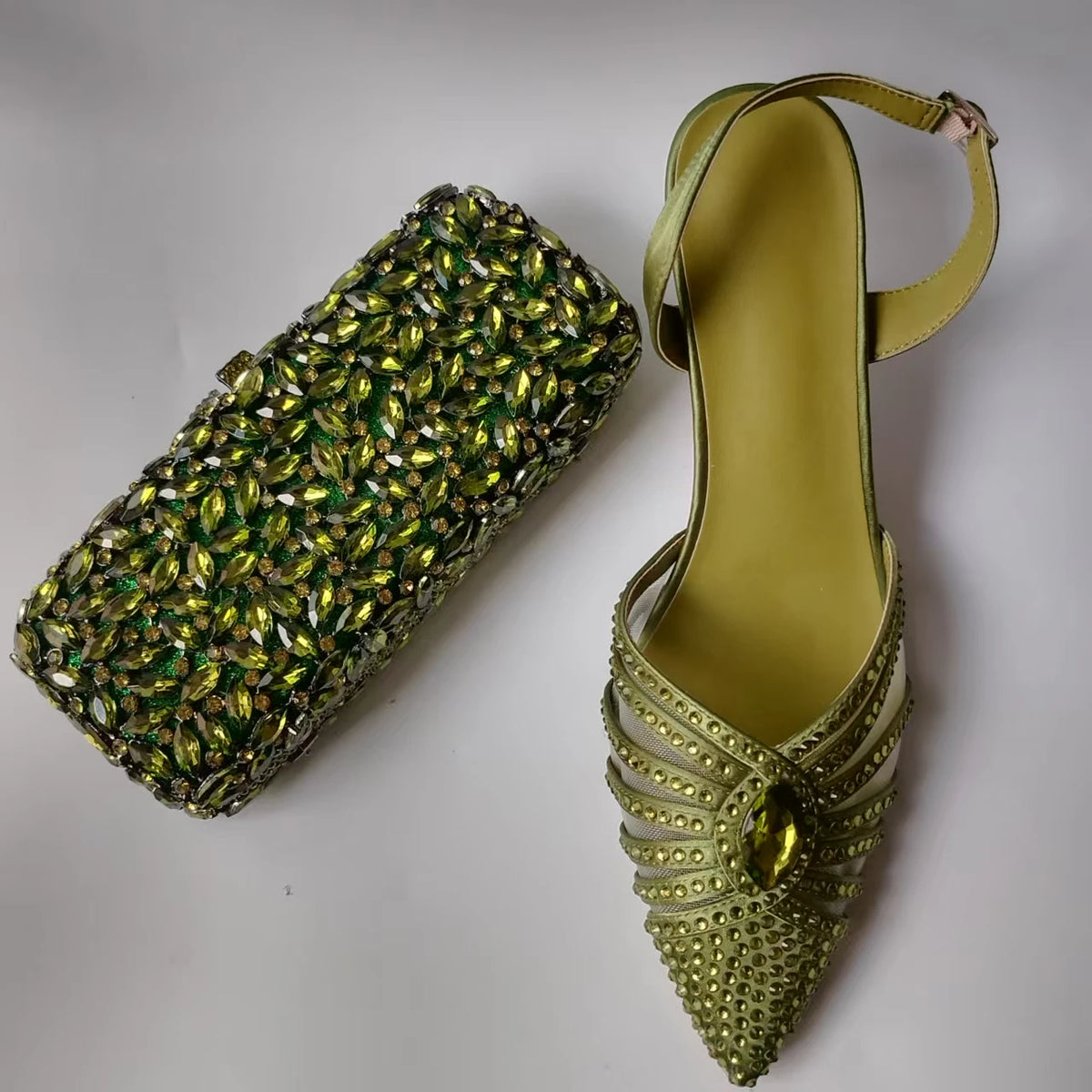 Luxury Olive Green Rhinestones Women's Shoe and Bag Set for Party Wedding Crystals Heeled Pumps and Handbag Sandals