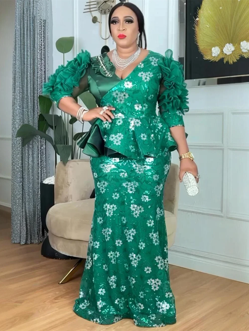Plus Size African Party Dresses for Women Dashiki Sequin Sexy Bodycon Long Dress Elegant Turkey Muslim Wedding Evening Gown
