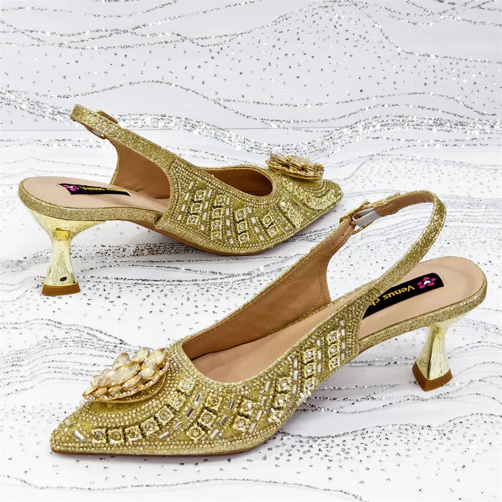 Venus Chan 2025 Elegant Rhinestone Pointed Toe Pumps With Matching Bag Set Large Size shoes Big Bag for Women's Party High Heels