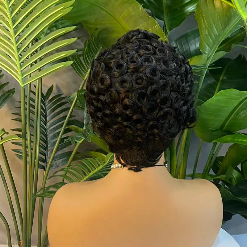 Short Wave Pixie Cut Wig Brazilian Virgin Human Hair Wave Wigs Glueless Easy Wear Curly Wigs Natural Black Color for Black Women