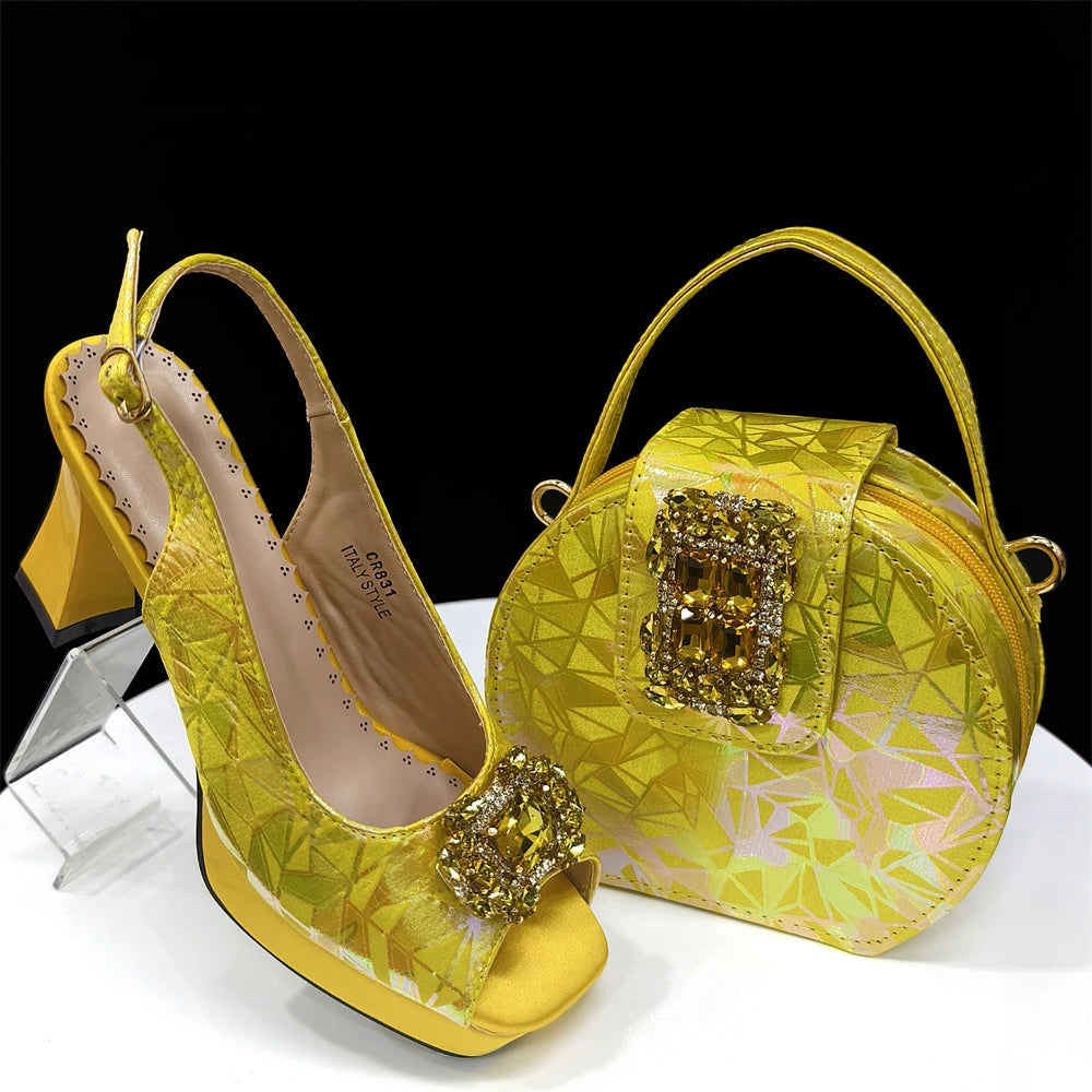 Venus Chan 2025 INS Orange Color Elegant Women Shoes and Bag Set Decoration Rhinestones Square Head Women High Heels Shoes