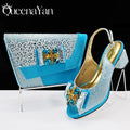 Queena Yan Light Blue Elegant Italian Rhinestone Wedding Shoe and Bag Set -Women Heels and Matching Handbag for Party
