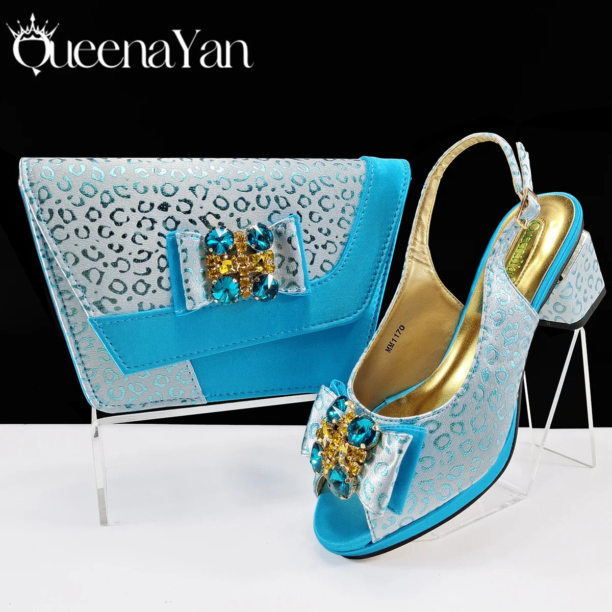 Queena Yan Light Blue Elegant Italian Rhinestone Wedding Shoe and Bag Set -Women Heels and Matching Handbag for Party