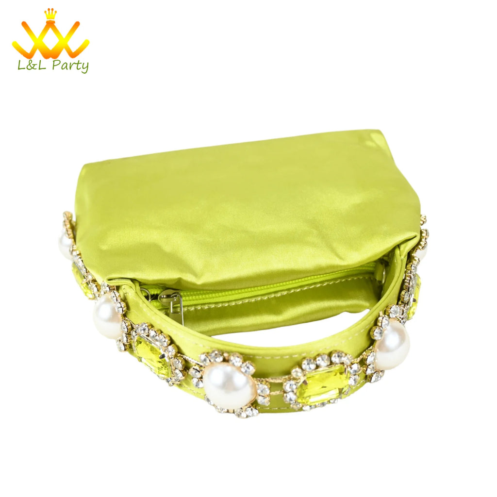 Shinning Crystal New Arrivals Comfortable Mid Heel Lemon Green Color Winter Newest African Shoes and Bag Set for Party