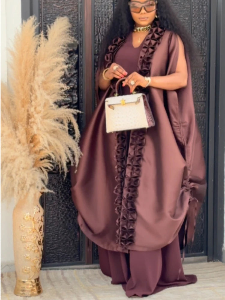 African Elegant Brown Two Piece Set Loose Kaftan Cape Ruffles Robe with O Neck Sleeveless Jumpsuit Events Parties Occasion New