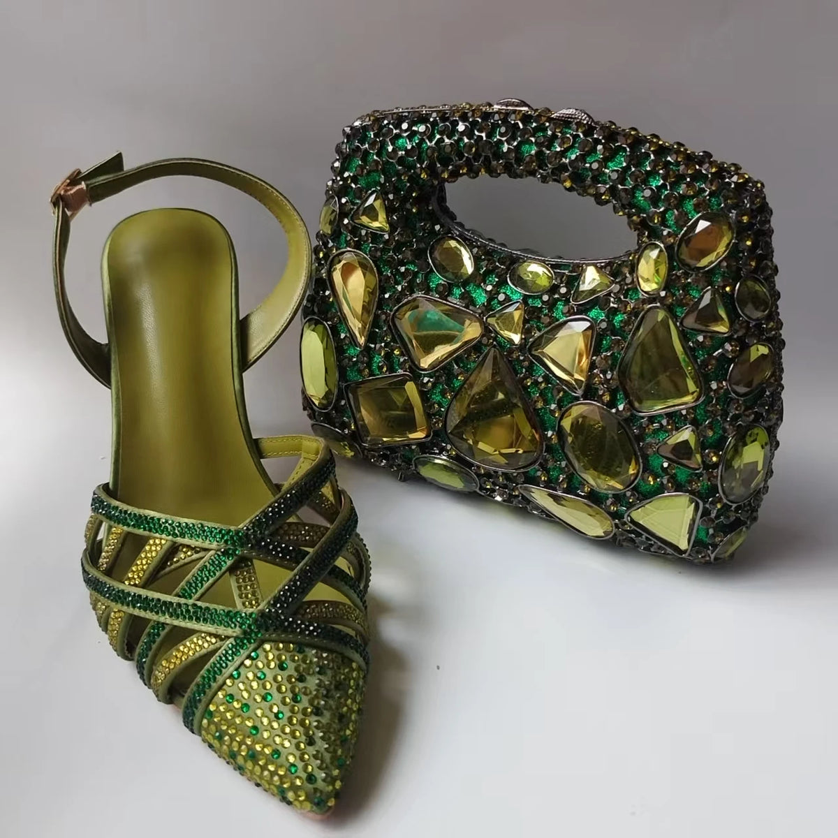 Luxury Olive Green Rhinestones Women's Shoe and Bag Set for Party Wedding Crystals Heeled Pumps and Handbag Sandals