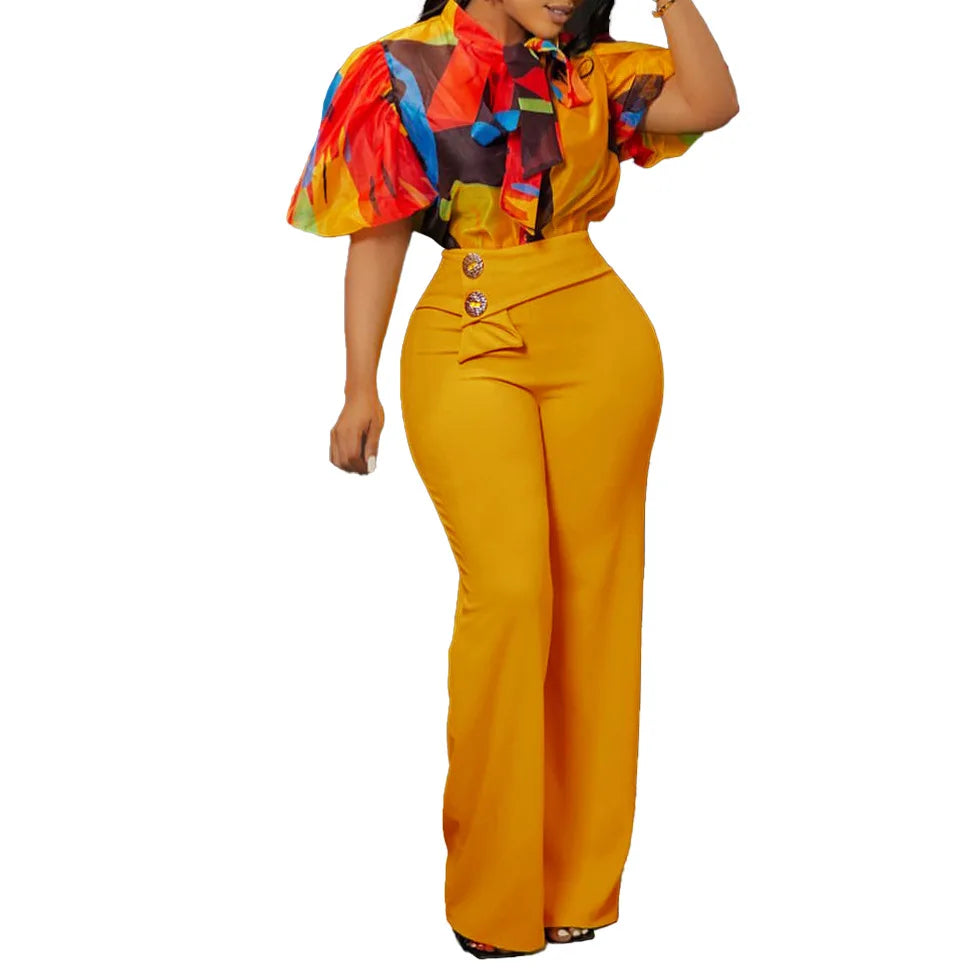 Women Two Pieces Set Printed Blouses Shirts Vintage Bow Collar with High Waist Pants Elegant Spring Fashion Office Ladies Suits