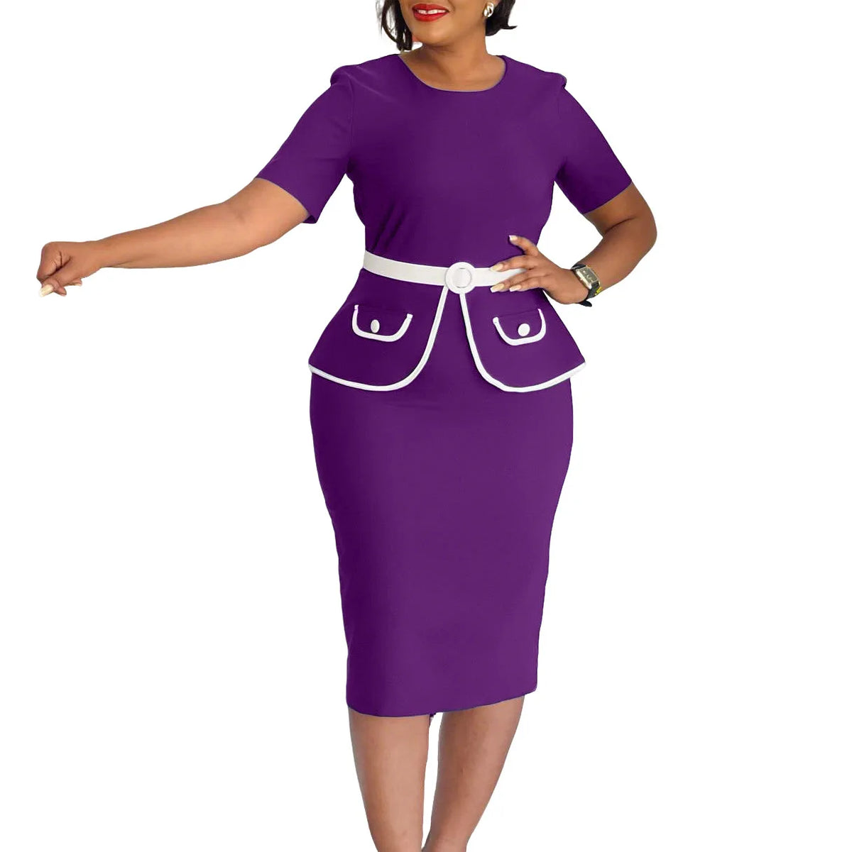 Elegant Fashionable Stretchy Short Sleeve Wrap Body Midi Dress Large Size African Style Commute Dress High Waist Skirt