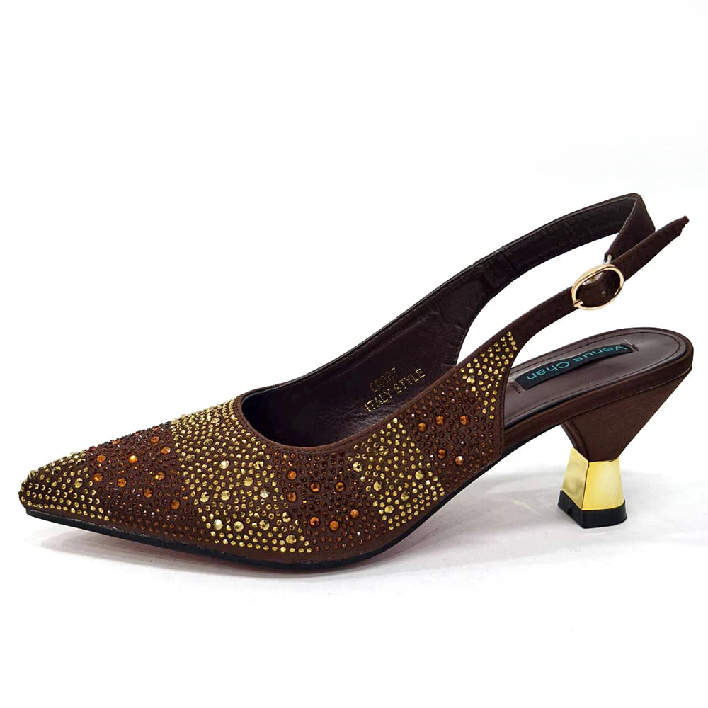Venus Chan- Elegant High Heels Shoes and Bag Set for Women Pointed Toe Black Color Hollow Rhinestones Matching Bag INS 2024