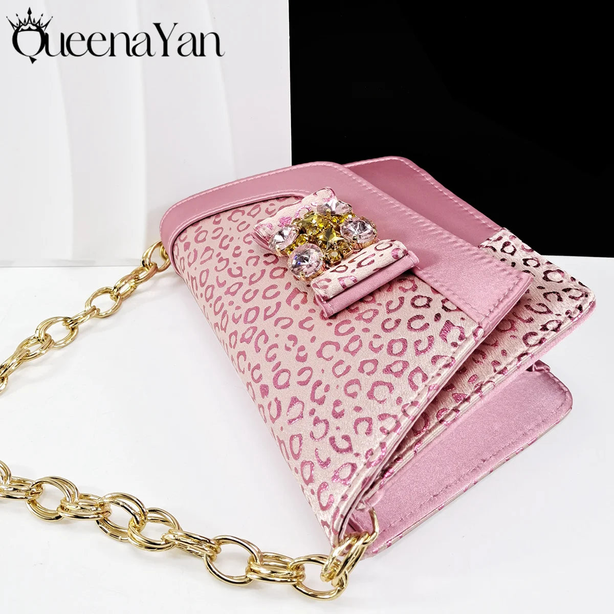 Queena Yan  2025 Shiny Italian Fashion Pointed Toe Women Heel Fashion Rhinestone Decoration Pink Color Shoes And Bag Set