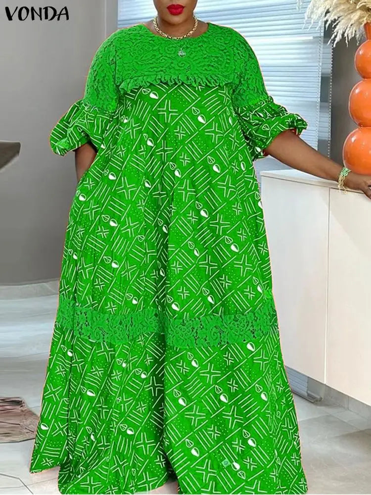 5XL Women Party Dress Plus Size VONDA Vintage Sundress 2025 Casual Loose Lace Patchwork Robe Fashion Half Sleeve Vestidos