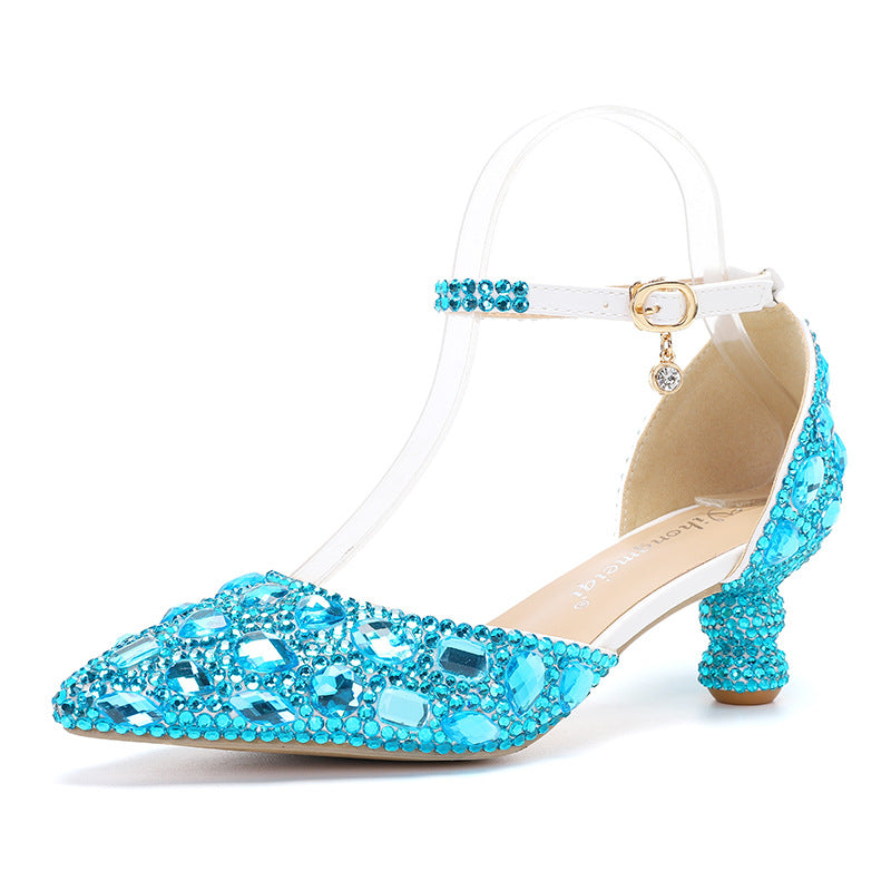 New 5cm Rhinestone shoes buckle round heel blue pointed Crystal Wedding sandals social dance Prom shoes Latin  shoes size 35-43