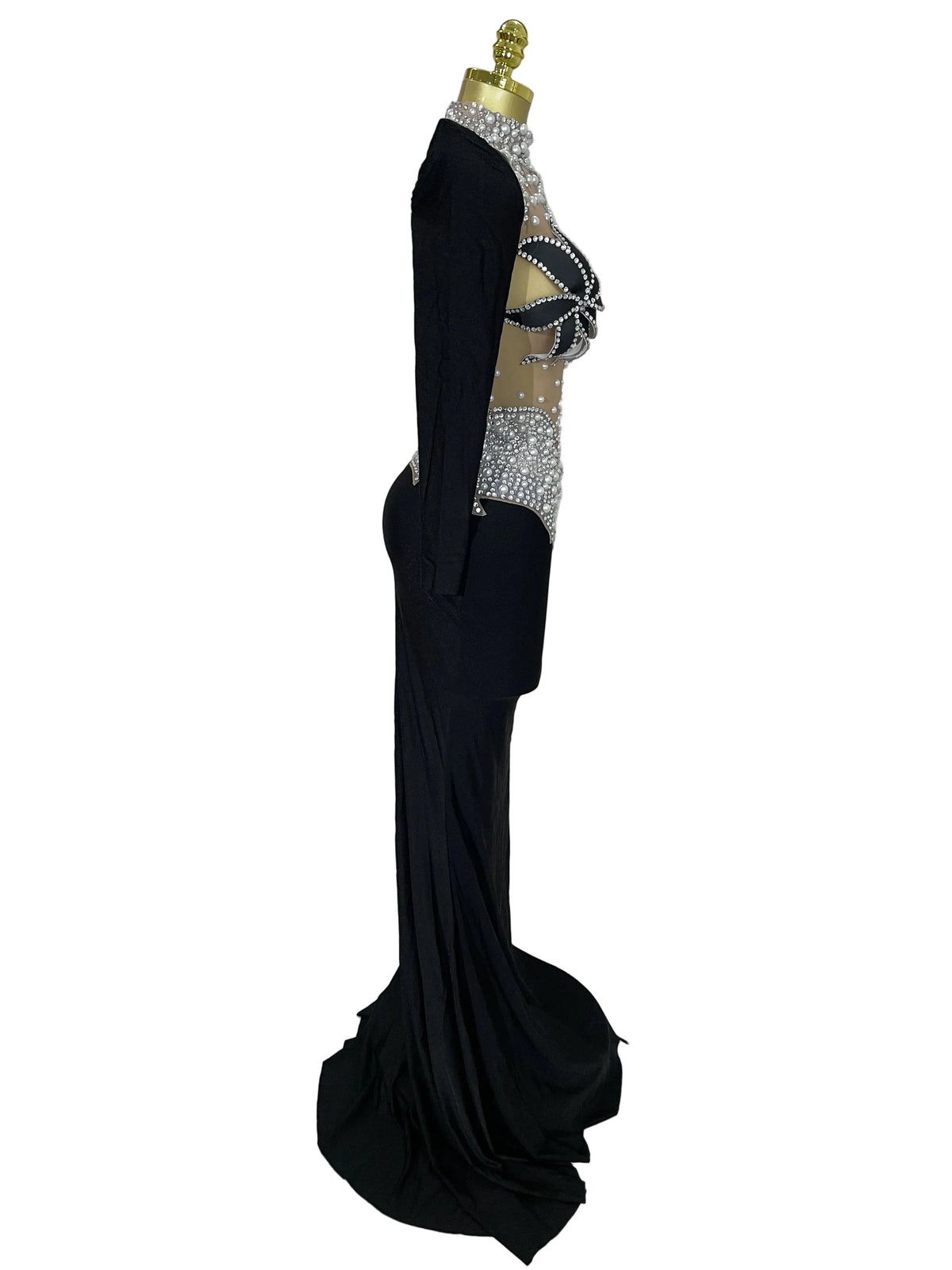 Sparkly Diamonds Pearl Black Sexy See Through Mesh Long Dress Women Wedding Evening Luxury Birthday Party Stage Photoshoot Dress