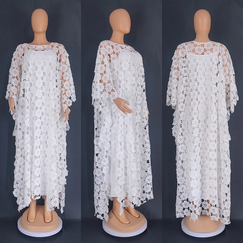 White Lace Hollow Africa Dresses for 2023 Muslim Women Dress African Clothes Dashiki Taditional Boubou Arabic Robe Femme Ramadan