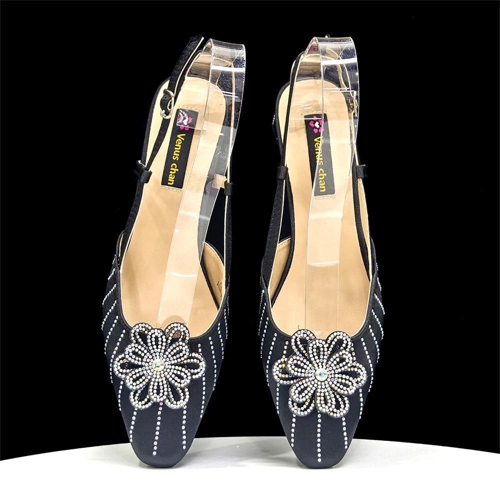 2026 New Elegant Italian Women's Black Heels with Rhinestones and Floral Accents & Matching Clutch Bag Set – Ideal for Parties