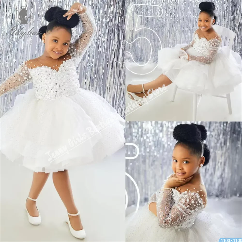 White Little Girls Pearl Flower Girl Dresses for Wedding Sheer Neck Sequined Lace First Communion Birthday Party Dresses