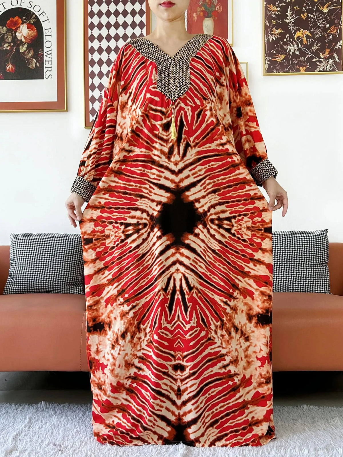 2025 Long Sleeve Embroidered V-Neck Cotton Women Loose Abaya Boho Maxi Dress Casual Fashion Dress African Vestidos