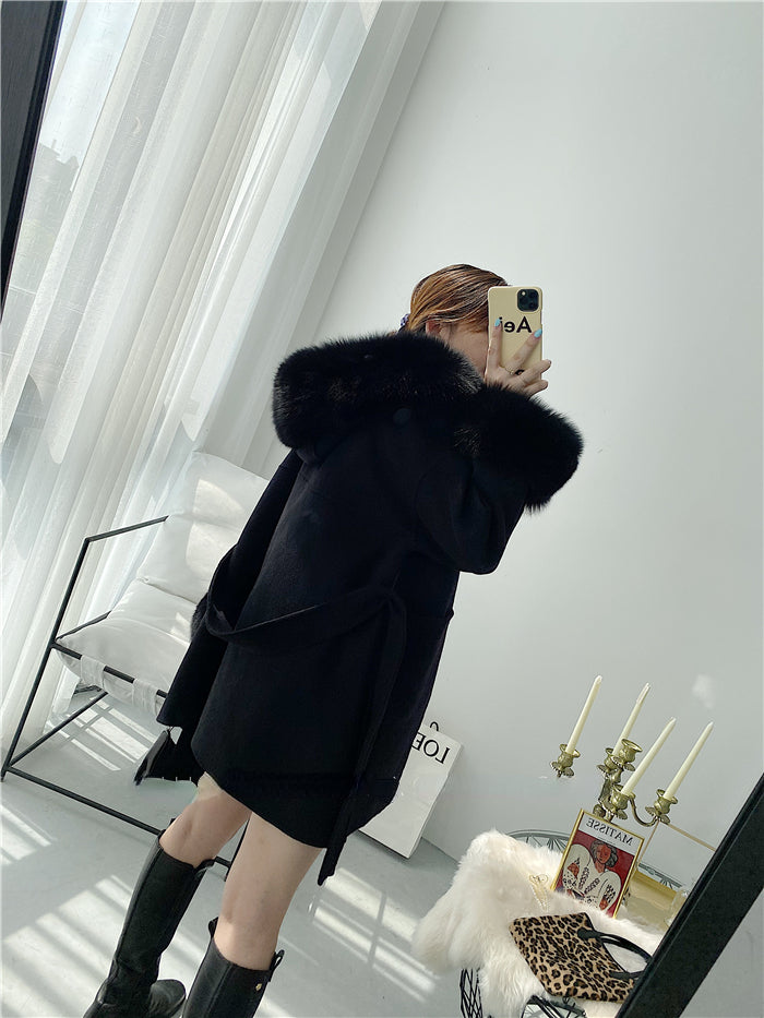 2024 New Oversize Ladies Outerwear Real Fur Coat Winter Jacket Women Natural Fox Fur Collar Cuffs Hood Cashmere Wool Woolen