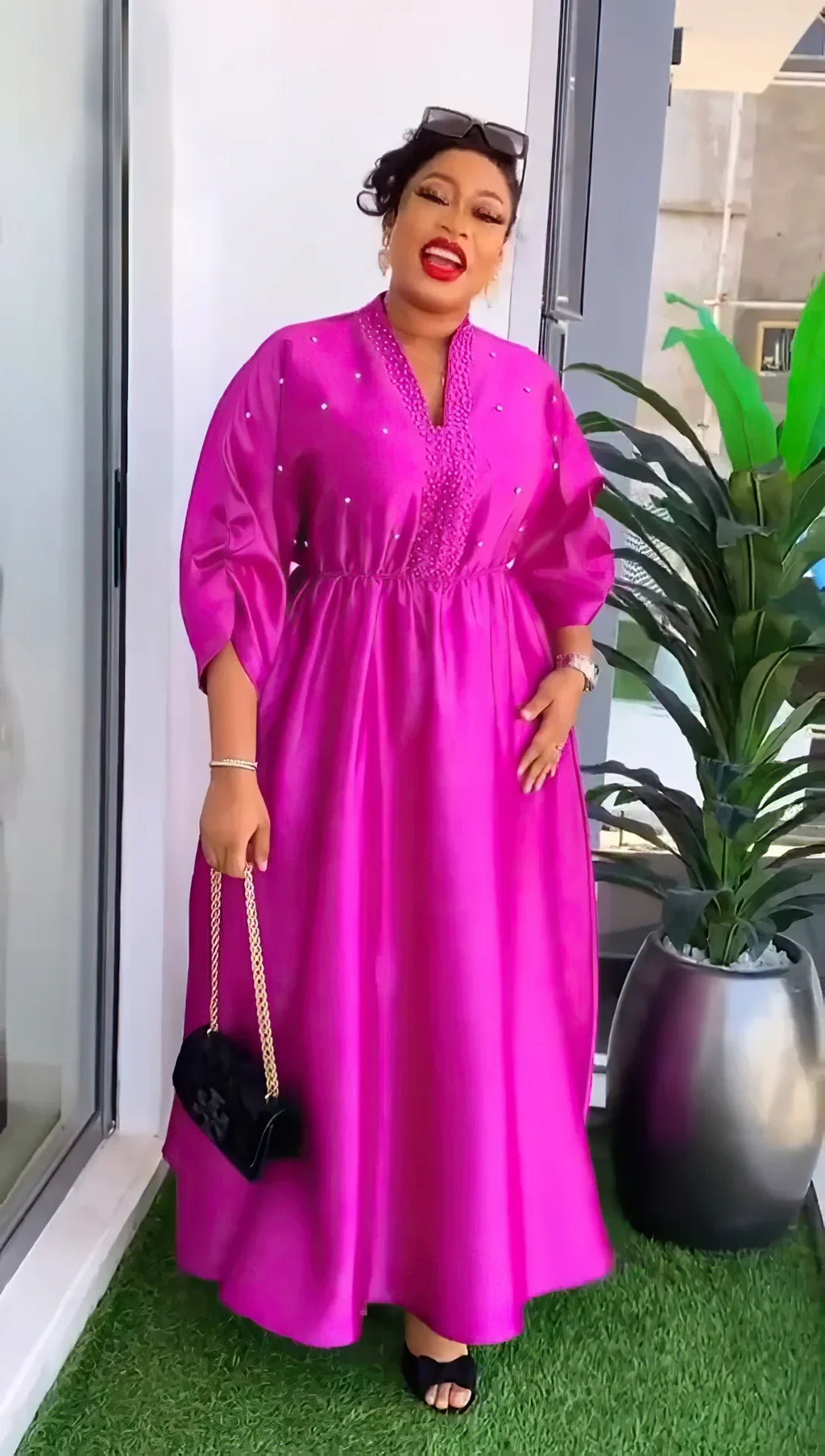 Women Elegant Shiny Satin Loose Party Dress V Neck Beading High Waist Long Gowns Formal Celebrate Evening Event Birthday Robes