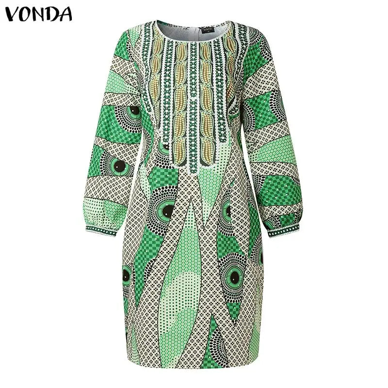 Plus Size VONDA Bohemian Midi Dresses Women Fashion Long Sleeve Print Vintage Party Long Vestidos 2026 Casual Oversize Robe 5XL