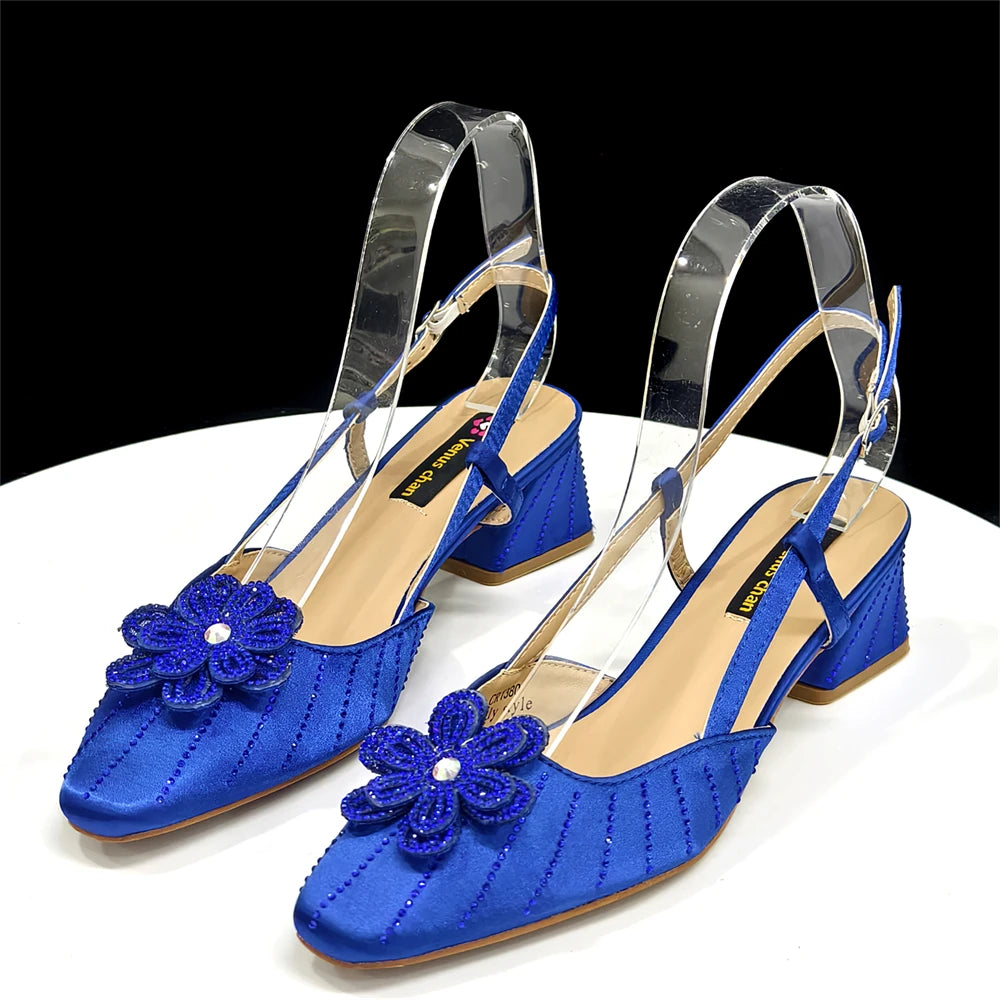 2026 New Elegant Italian Women's Black Heels with Rhinestones and Floral Accents & Matching Clutch Bag Set – Ideal for Parties