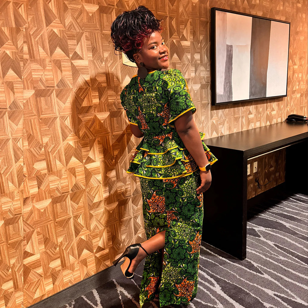 Elegant African Dresses for Women Dashiki Ankara Print Puff Sleeve Ruffles Top and Skirt 2 Pieces Sets with Headscarf 2526032