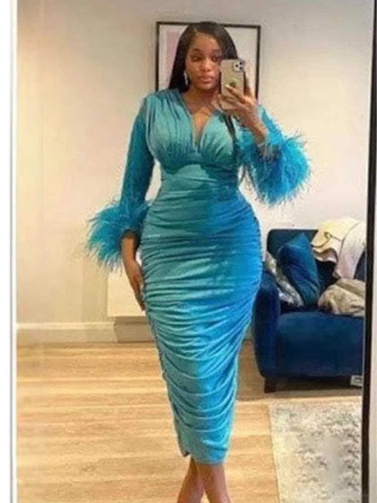 Sexy Bodycon Dress Women Autumn Clothes Solid Color Classy Party Dresses Slim Waist Deep V Neck Long Sleeve Evening Chic Dresses