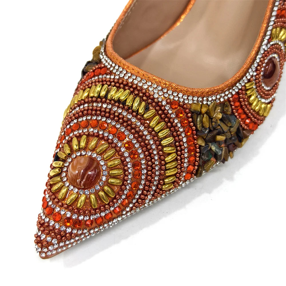 2025 Fashion Newest Arrival Orange Pointed Toe Women Sandals Shoes Matching Bag Set for Ladies Wedding Party Pump