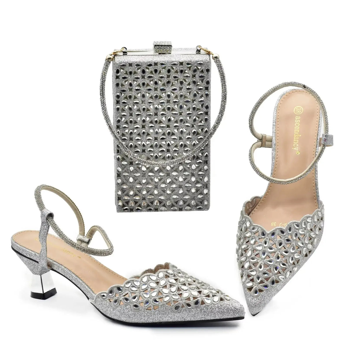 2024 Nigerian Style Rhinestone Low Heel Sandals for Women Fashion Party Women Wedding Shoes and Bags Set Wedding Shoes Bride