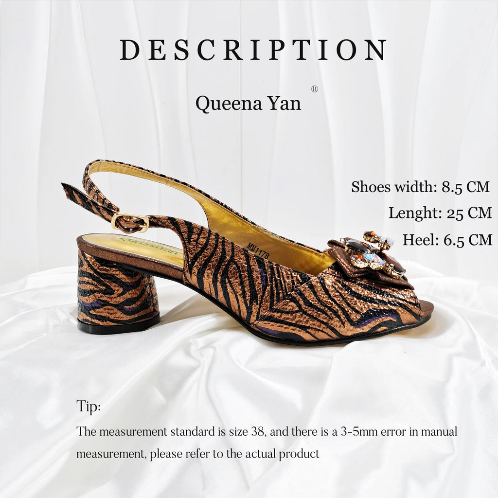 Queena Yan Striped and Leopord Design Mature Style Party Wedding Peep Toe High Heels and Bag Set Decorated With Rhinestone