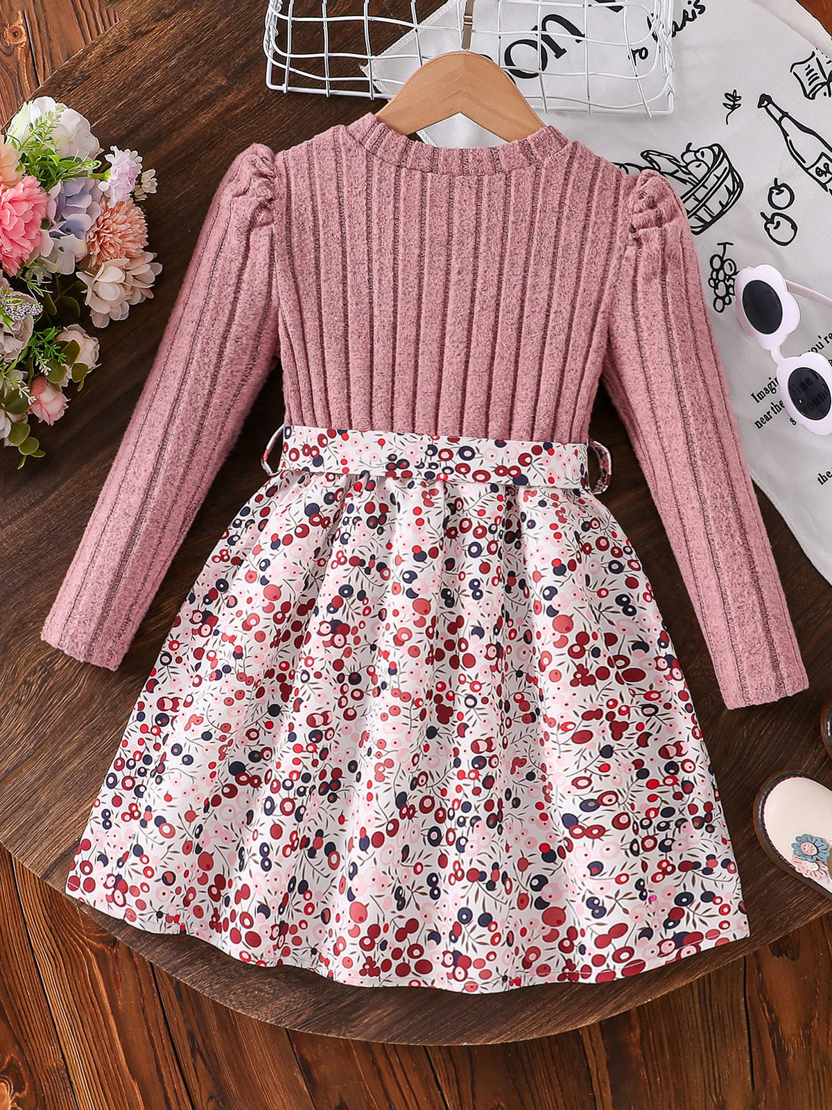 Spring and Autumn Girls' Simple Casual Versatile Knit Round-Neck Long-Sleeve Floral Dress, Everyday Casual Dress for Girls, Can Be Used as a Holiday Gift, Eid, Easter, Carnival, Chinese New Year