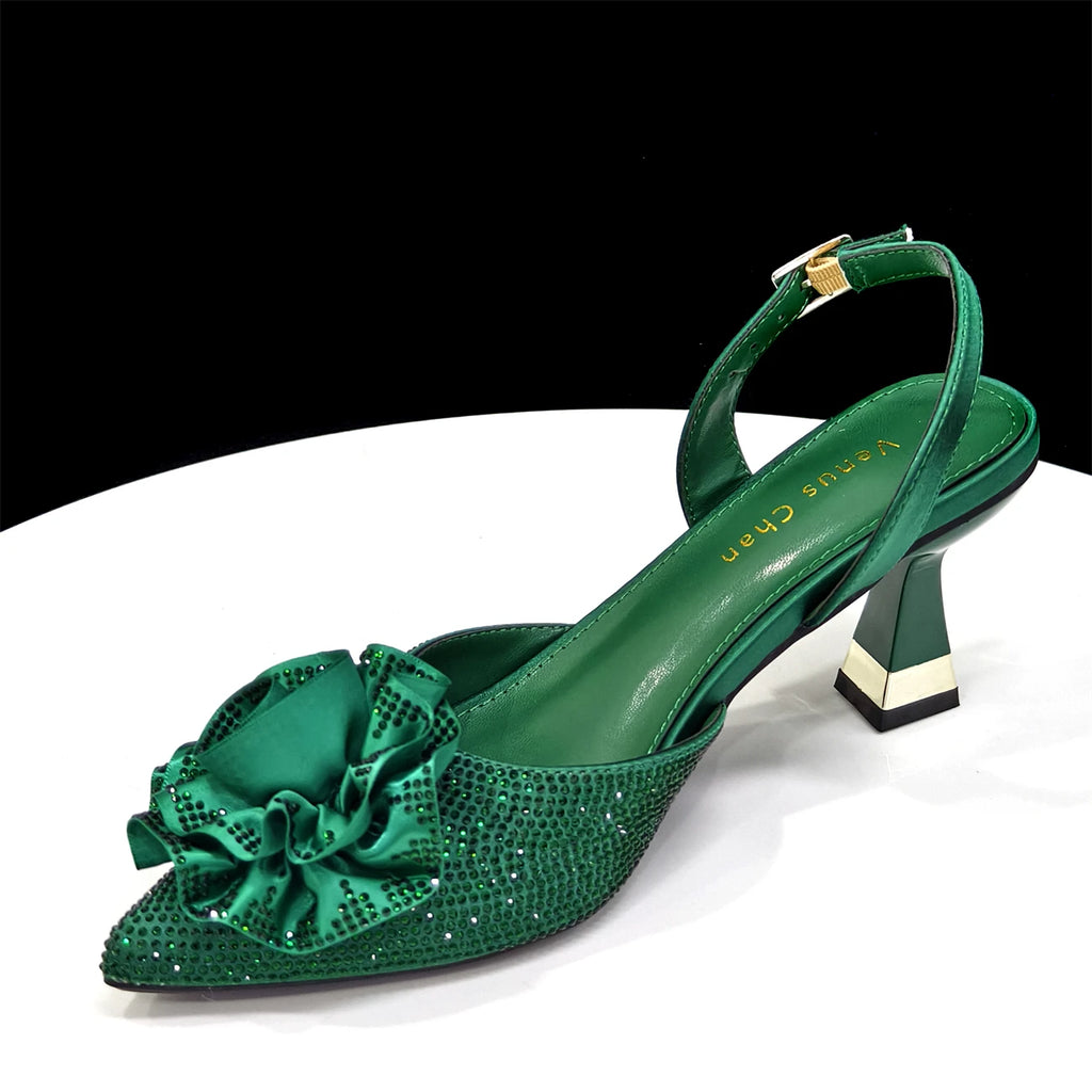Venus Chan 2025 Elegant Shiny Green Handbag & Medium Heel Shoe Set with Exquisite Handmade Floral Accents for Weddings & Parties