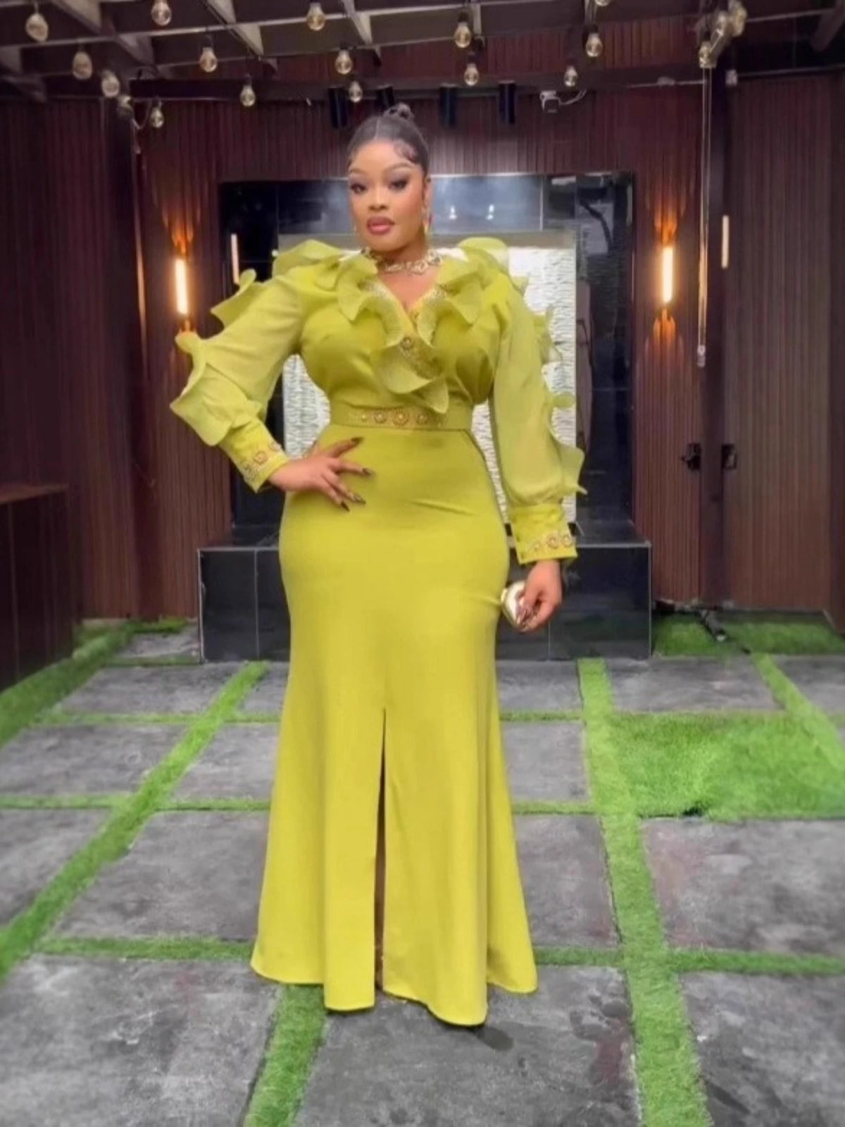 Luxuty Women Party Peplum Maxi Dress V Neck Long Sleeve Slit Package Hip Bodycon Elegant Wedding Evening Party African Female